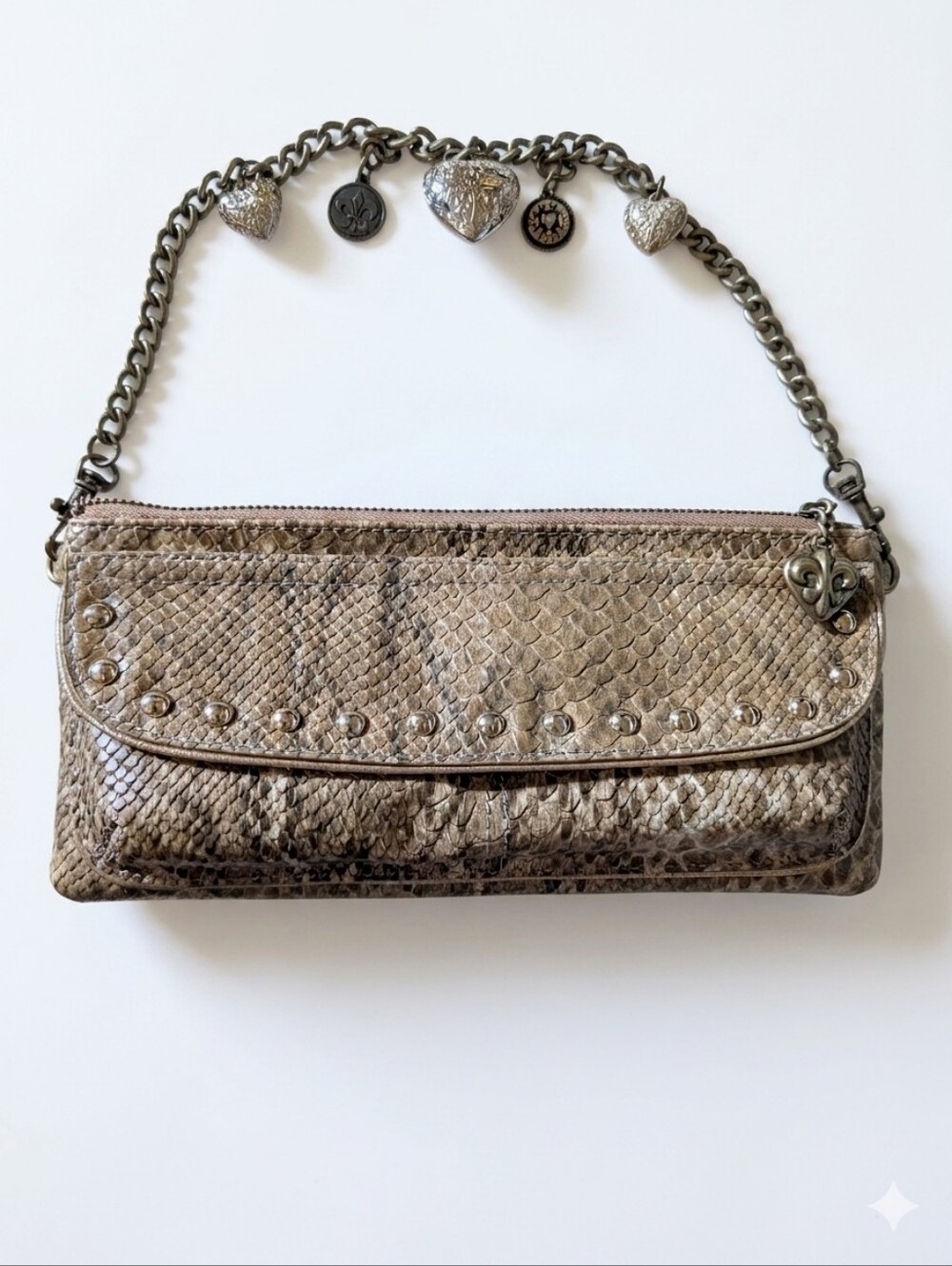 Kathy Van Zeeland Y2K Faux Snakeskin Baguette Bag With Charms